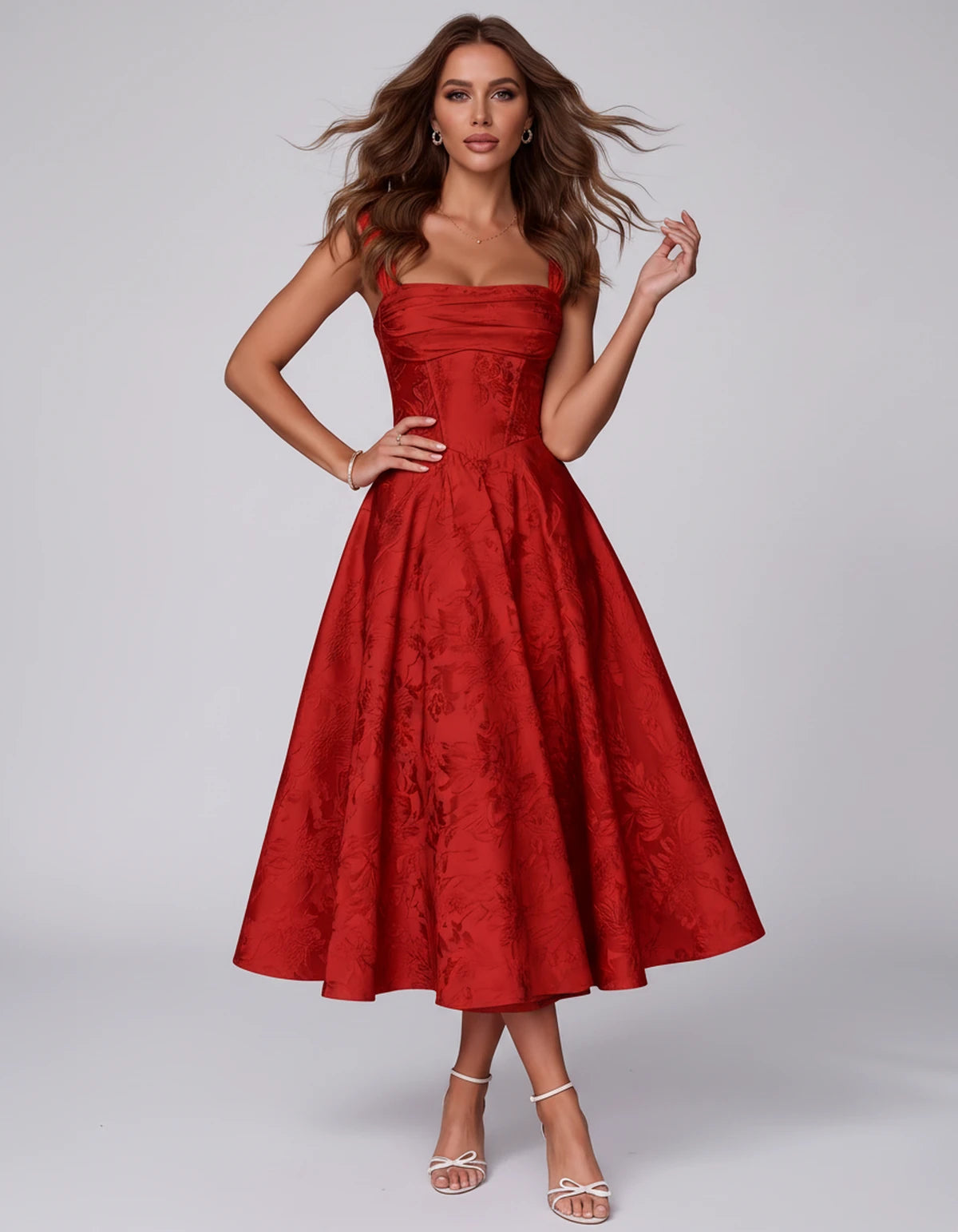 Bellerose Midi Dresses — Red | SKU: SD-42237-red-2,SD-42237-red-4,SD-42237-red-6,SD-42237-red-8,SD-42237-red-10,SD-42237-red-12,SD-42237-red-14,SD-42237-red-16,SD-42237-red-16W,SD-42237-red-18W,SD-42237-red-20W,SD-42237-red-22W
