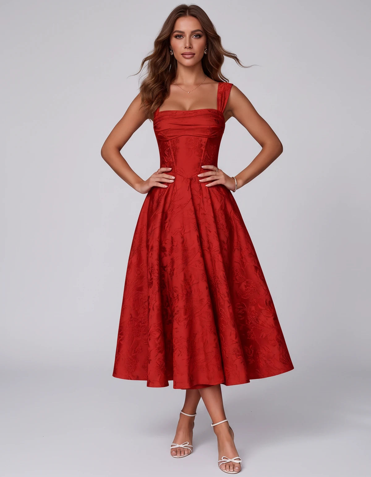 Bellerose Midi Dresses — Red | SKU: SD-42237-red-2,SD-42237-red-4,SD-42237-red-6,SD-42237-red-8,SD-42237-red-10,SD-42237-red-12,SD-42237-red-14,SD-42237-red-16,SD-42237-red-16W,SD-42237-red-18W,SD-42237-red-20W,SD-42237-red-22W