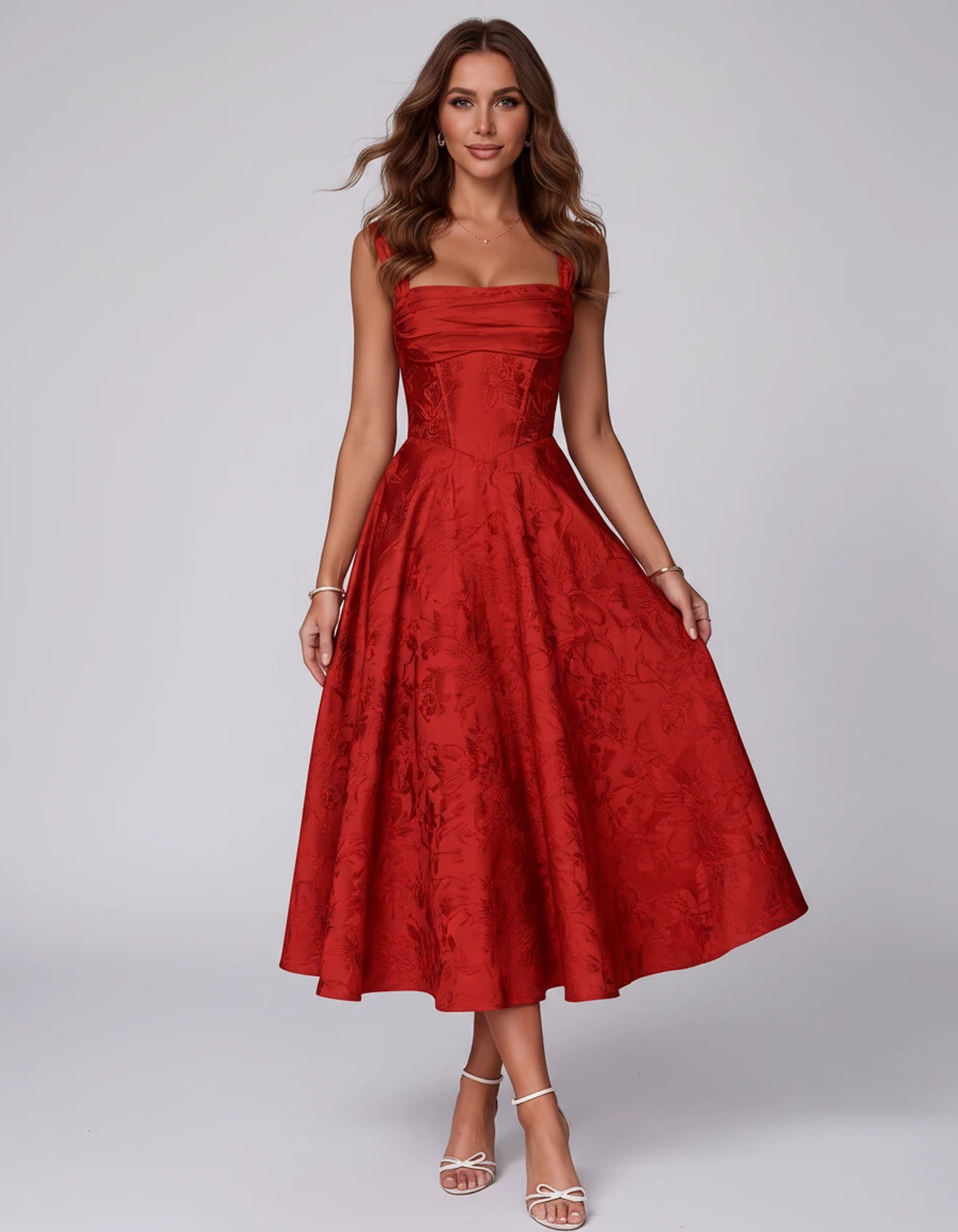 Bellerose Midi Dresses — Red | SKU: SD-42237-red-2,SD-42237-red-4,SD-42237-red-6,SD-42237-red-8,SD-42237-red-10,SD-42237-red-12,SD-42237-red-14,SD-42237-red-16,SD-42237-red-16W,SD-42237-red-18W,SD-42237-red-20W,SD-42237-red-22W