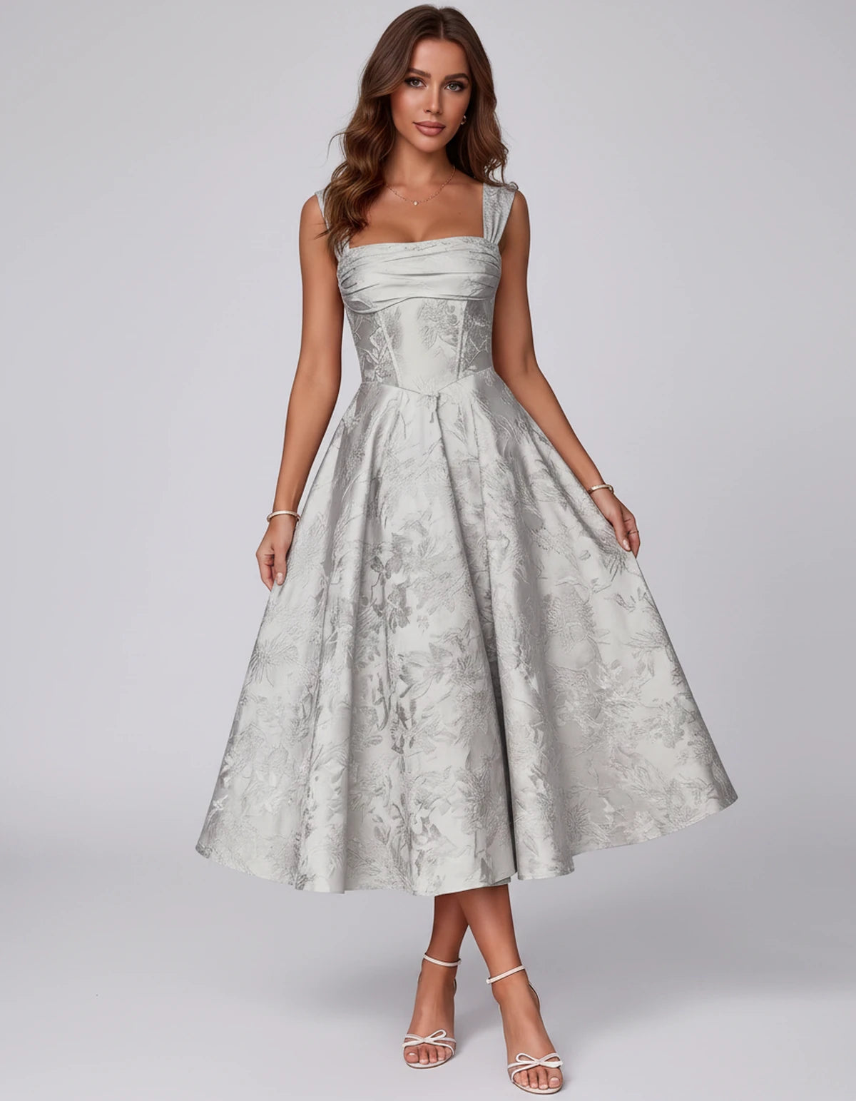 Bellerose Midi Dresses — Silver | SKU: SD-42237-silver-2,SD-42237-silver-4,SD-42237-silver-6,SD-42237-silver-8,SD-42237-silver-10,SD-42237-silver-12,SD-42237-silver-14,SD-42237-silver-16,SD-42237-silver-16W,SD-42237-silver-18W,SD-42237-silver-20W,SD-42237-silver-22W