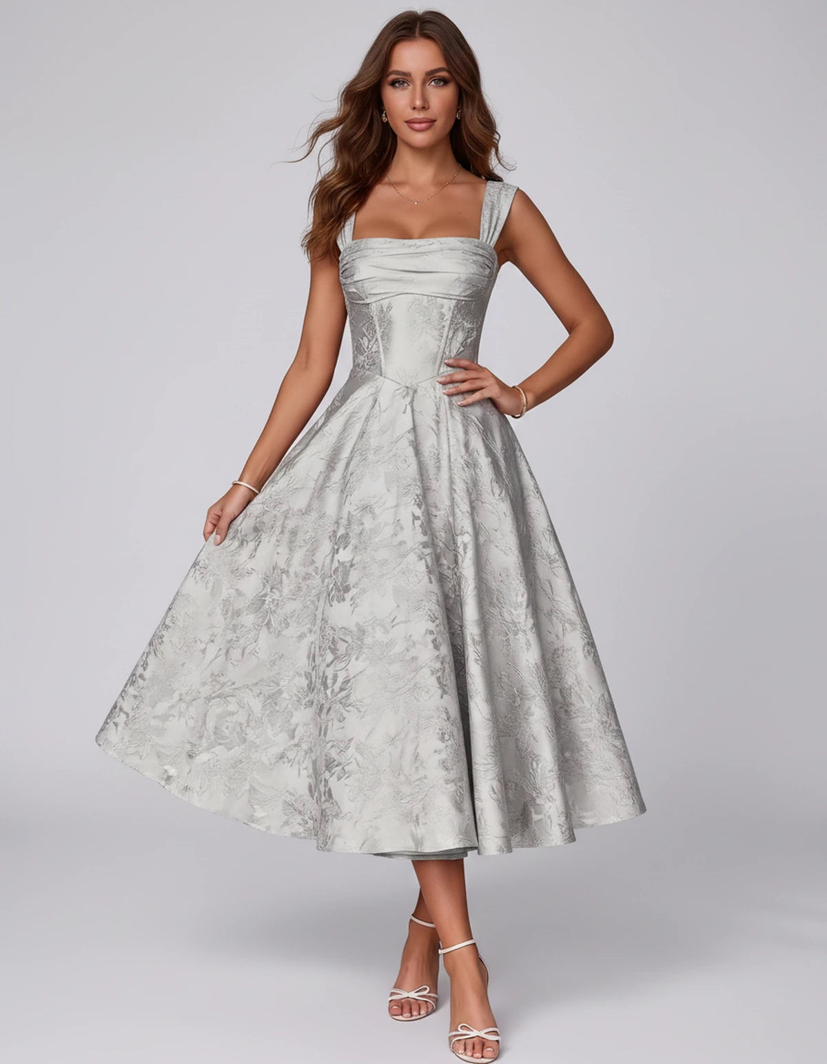 Bellerose Midi Dresses — Silver | SKU: SD-42237-silver-2,SD-42237-silver-4,SD-42237-silver-6,SD-42237-silver-8,SD-42237-silver-10,SD-42237-silver-12,SD-42237-silver-14,SD-42237-silver-16,SD-42237-silver-16W,SD-42237-silver-18W,SD-42237-silver-20W,SD-42237-silver-22W
