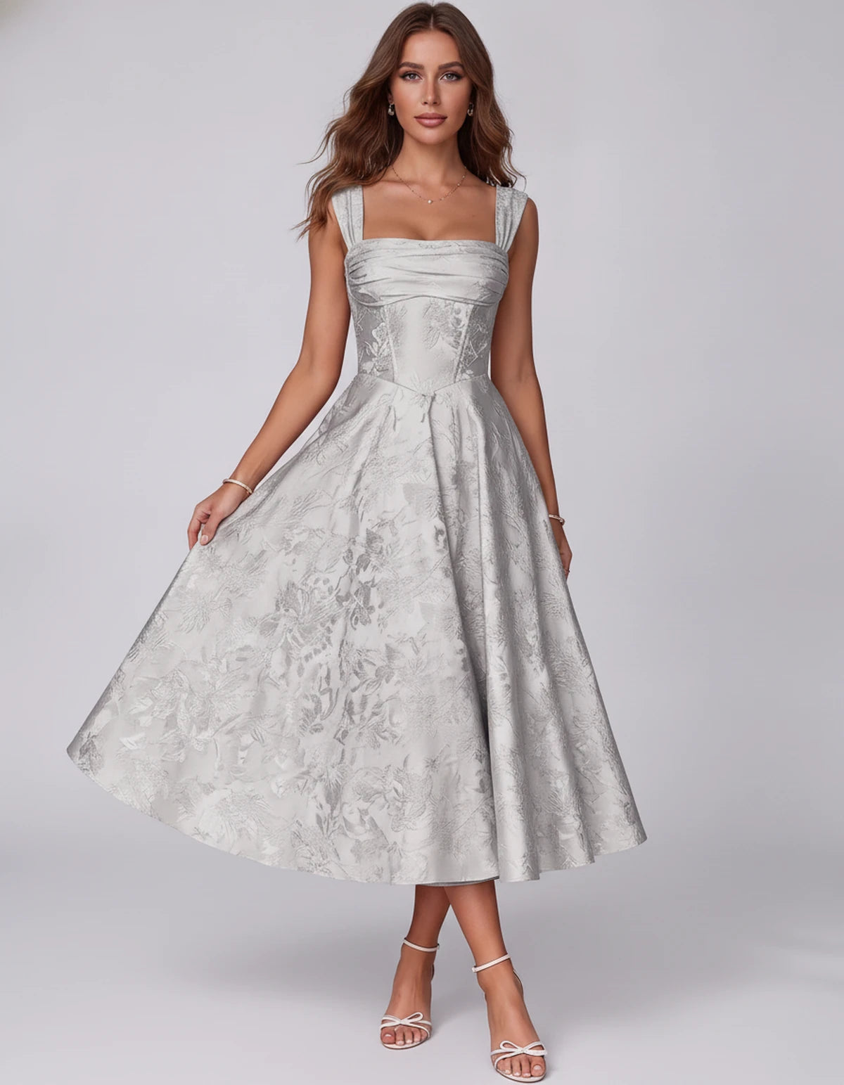 Bellerose Midi Dresses — Silver | SKU: SD-42237-silver-2,SD-42237-silver-4,SD-42237-silver-6,SD-42237-silver-8,SD-42237-silver-10,SD-42237-silver-12,SD-42237-silver-14,SD-42237-silver-16,SD-42237-silver-16W,SD-42237-silver-18W,SD-42237-silver-20W,SD-42237-silver-22W