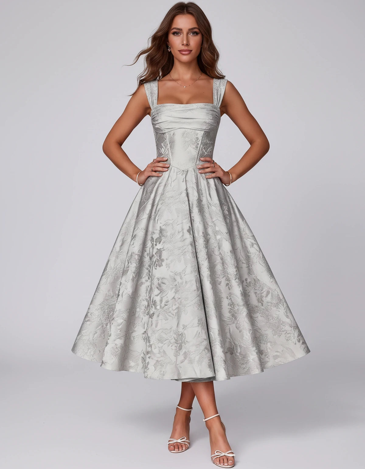 Bellerose Midi Dresses — Silver | SKU: SD-42237-silver-2,SD-42237-silver-4,SD-42237-silver-6,SD-42237-silver-8,SD-42237-silver-10,SD-42237-silver-12,SD-42237-silver-14,SD-42237-silver-16,SD-42237-silver-16W,SD-42237-silver-18W,SD-42237-silver-20W,SD-42237-silver-22W