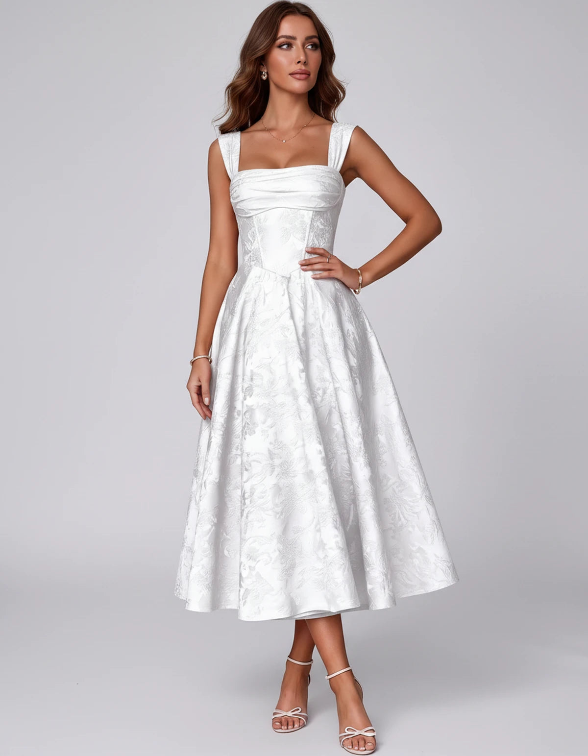 Bellerose Midi Dresses — White | SKU: SD-42237-white-2,SD-42237-white-4,SD-42237-white-6,SD-42237-white-8,SD-42237-white-10,SD-42237-white-12,SD-42237-white-14,SD-42237-white-16,SD-42237-white-16W,SD-42237-white-18W,SD-42237-white-20W,SD-42237-white-22W
