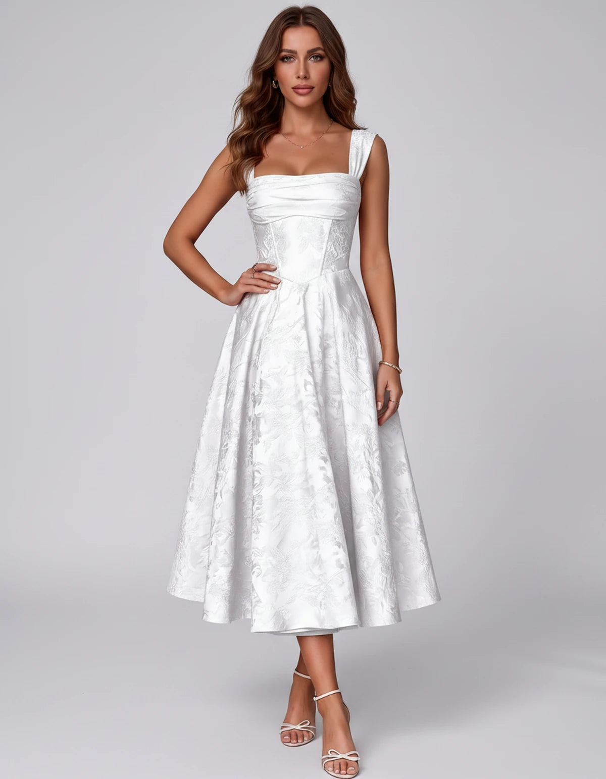 Bellerose Midi Dresses — White | SKU: SD-42237-white-2,SD-42237-white-4,SD-42237-white-6,SD-42237-white-8,SD-42237-white-10,SD-42237-white-12,SD-42237-white-14,SD-42237-white-16,SD-42237-white-16W,SD-42237-white-18W,SD-42237-white-20W,SD-42237-white-22W