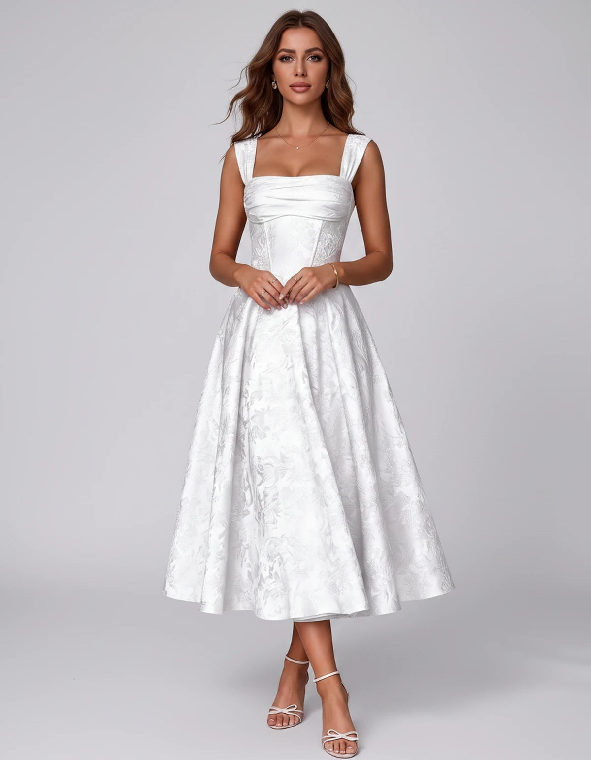 Bellerose Midi Dresses — White | SKU: SD-42237-white-2,SD-42237-white-4,SD-42237-white-6,SD-42237-white-8,SD-42237-white-10,SD-42237-white-12,SD-42237-white-14,SD-42237-white-16,SD-42237-white-16W,SD-42237-white-18W,SD-42237-white-20W,SD-42237-white-22W