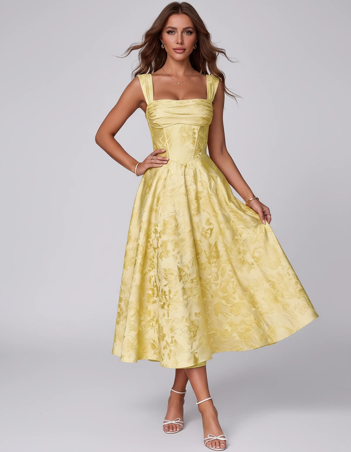 Bellerose Midi Dresses — Yellow | SKU: SD-42237-yellow-2,SD-42237-yellow-4,SD-42237-yellow-6,SD-42237-yellow-8,SD-42237-yellow-10,SD-42237-yellow-12,SD-42237-yellow-14,SD-42237-yellow-16,SD-42237-yellow-16W,SD-42237-yellow-18W,SD-42237-yellow-20W,SD-42237-yellow-22W
