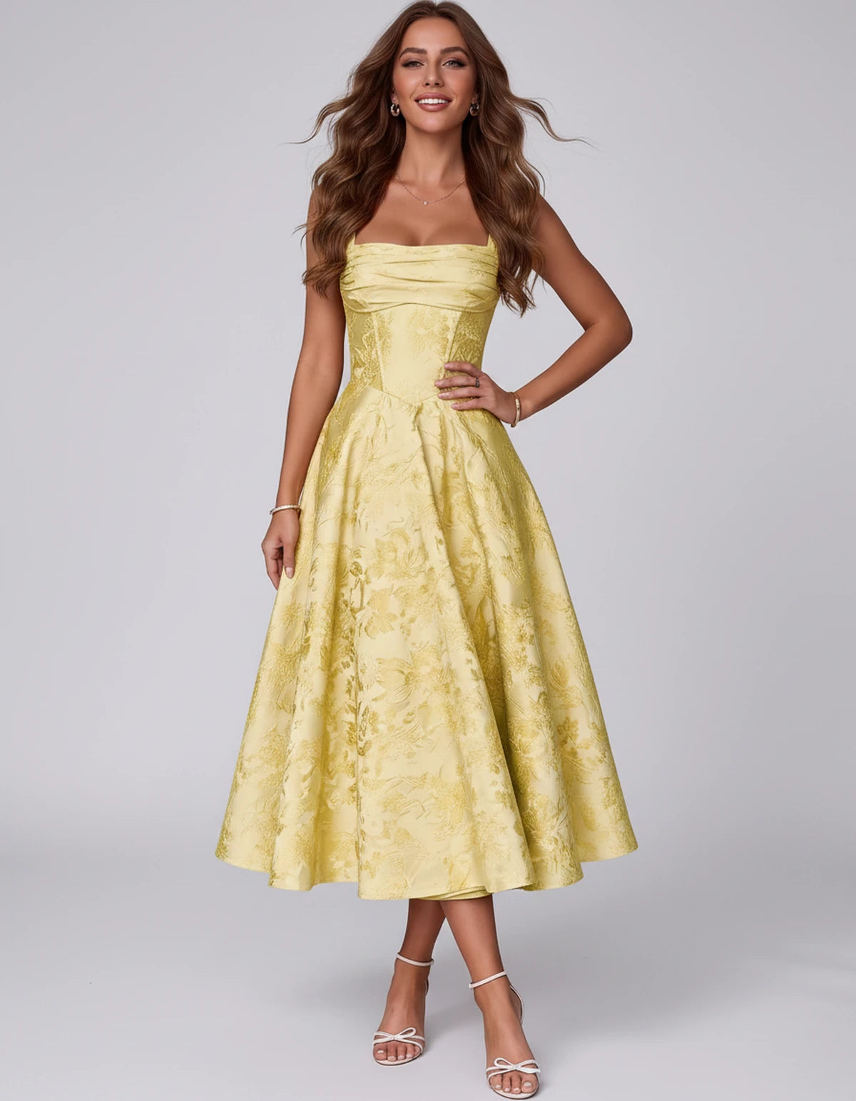 Bellerose Midi Dresses — Yellow | SKU: SD-42237-yellow-2,SD-42237-yellow-4,SD-42237-yellow-6,SD-42237-yellow-8,SD-42237-yellow-10,SD-42237-yellow-12,SD-42237-yellow-14,SD-42237-yellow-16,SD-42237-yellow-16W,SD-42237-yellow-18W,SD-42237-yellow-20W,SD-42237-yellow-22W