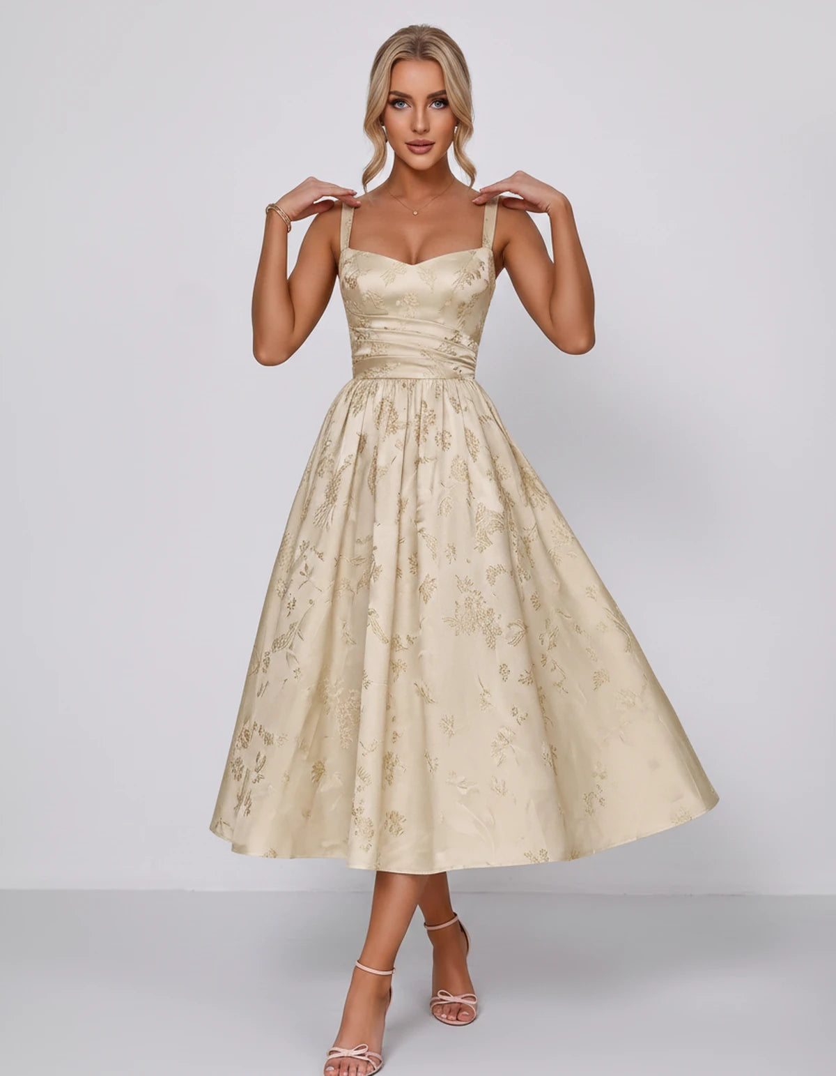 Belvedere Midi Dresses — Champagne | SKU: SD-84503-champagne-2,SD-84503-champagne-4,SD-84503-champagne-6,SD-84503-champagne-8,SD-84503-champagne-10,SD-84503-champagne-12,SD-84503-champagne-14,SD-84503-champagne-16,SD-84503-champagne-16W,SD-84503-champagne-18W,SD-84503-champagne-20W
