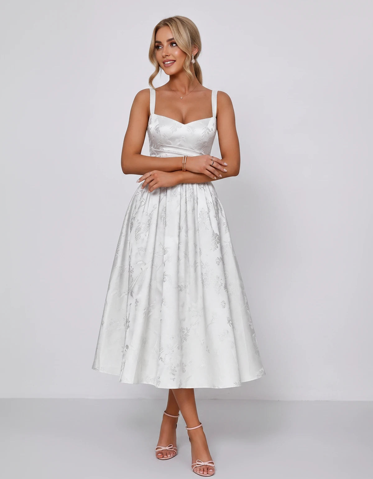 Belvedere Midi Dresses — White | SKU: SD-84503-white-2,SD-84503-white-4,SD-84503-white-6,SD-84503-white-8,SD-84503-white-10,SD-84503-white-12,SD-84503-white-14,SD-84503-white-16,SD-84503-white-16W,SD-84503-white-18W,SD-84503-white-20W