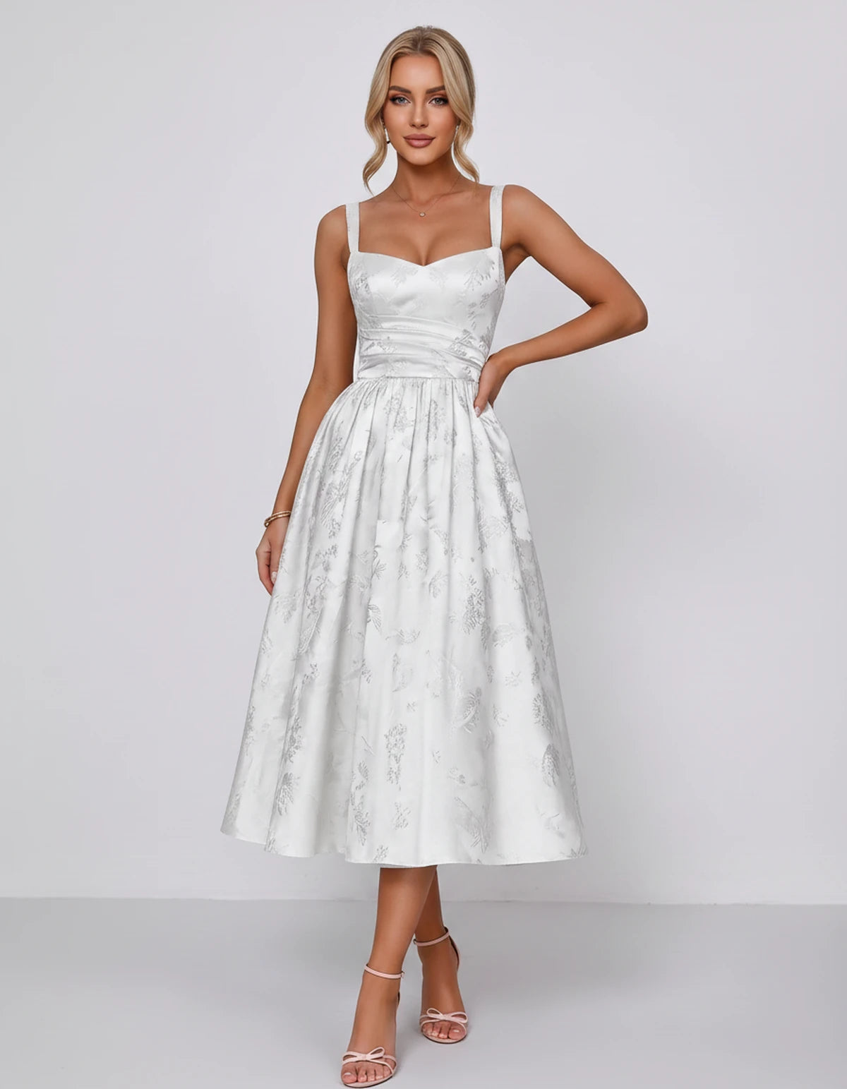 Belvedere Midi Dresses — White | SKU: SD-84503-white-2,SD-84503-white-4,SD-84503-white-6,SD-84503-white-8,SD-84503-white-10,SD-84503-white-12,SD-84503-white-14,SD-84503-white-16,SD-84503-white-16W,SD-84503-white-18W,SD-84503-white-20W