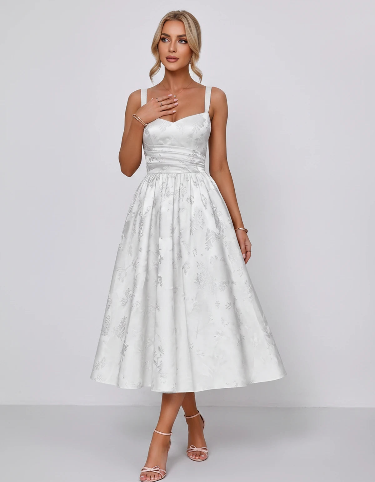 Belvedere Midi Dresses — White | SKU: SD-84503-white-2,SD-84503-white-4,SD-84503-white-6,SD-84503-white-8,SD-84503-white-10,SD-84503-white-12,SD-84503-white-14,SD-84503-white-16,SD-84503-white-16W,SD-84503-white-18W,SD-84503-white-20W
