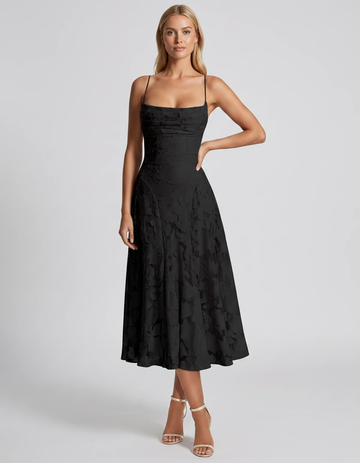 Benedetta Midi Dresses — Black | SKU: SD-33761-black-2,SD-33761-black-4,SD-33761-black-6,SD-33761-black-8,SD-33761-black-10,SD-33761-black-12,SD-33761-black-14,SD-33761-black-16,SD-33761-black-16W,SD-33761-black-18W,SD-33761-black-20W,SD-33761-black-22W