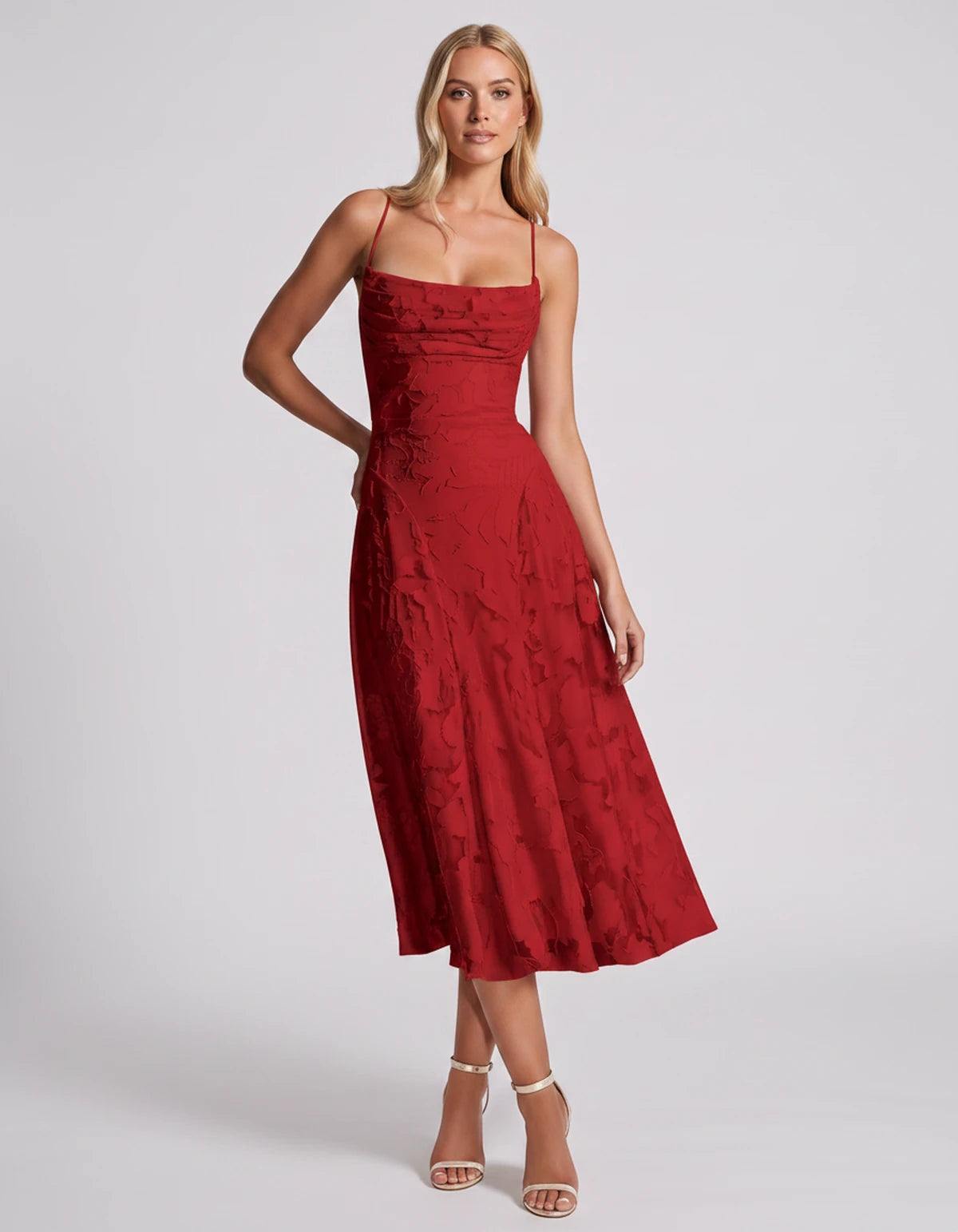 Benedetta Midi Dresses — Red | SKU: SD-33761-red-2,SD-33761-red-4,SD-33761-red-6,SD-33761-red-8,SD-33761-red-10,SD-33761-red-12,SD-33761-red-14,SD-33761-red-16,SD-33761-red-16W,SD-33761-red-18W,SD-33761-red-20W,SD-33761-red-22W