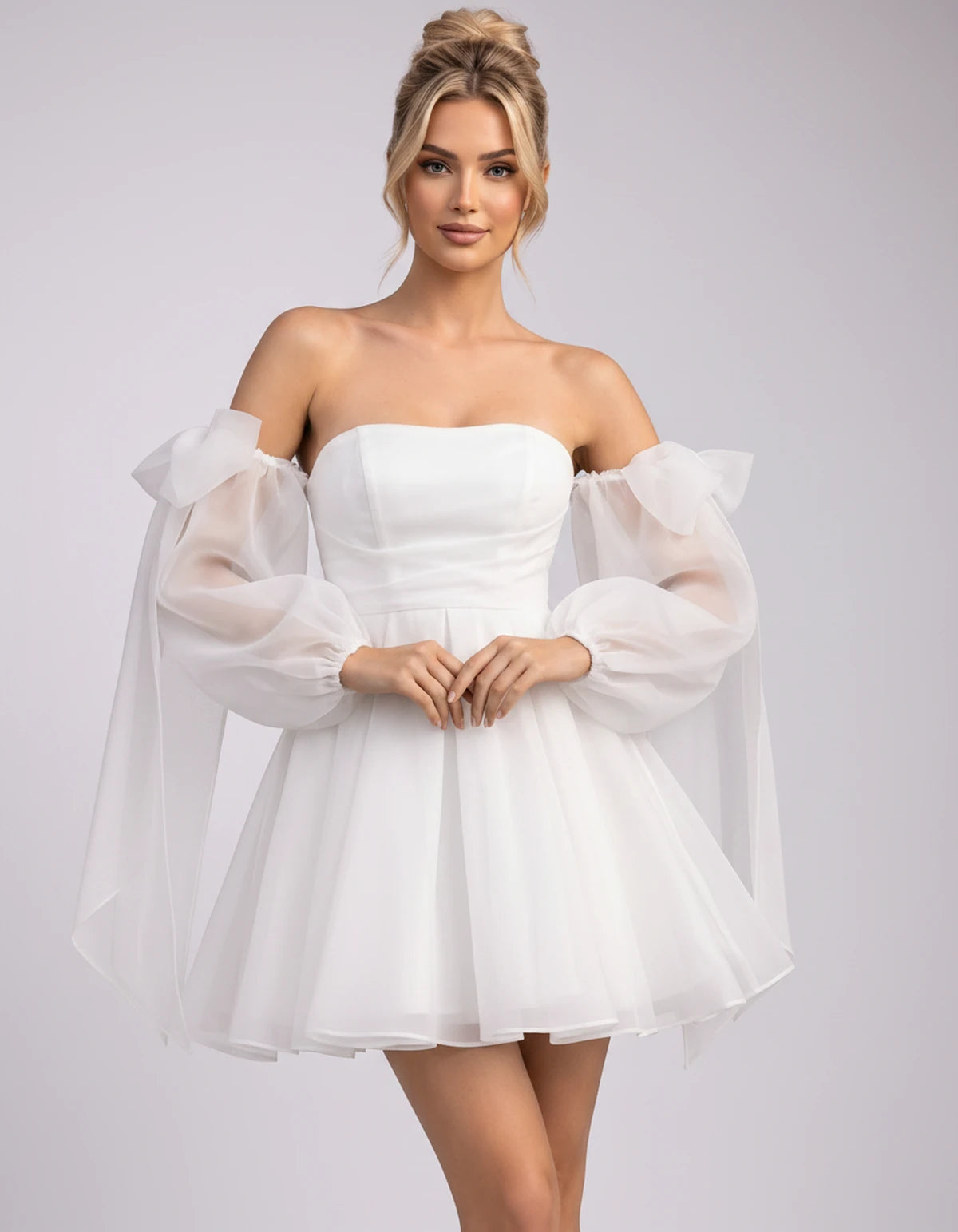 Bergamote Mini Dress — White | SKU: SD-11409-white-2,SD-11409-white-4,SD-11409-white-6,SD-11409-white-8,SD-11409-white-10,SD-11409-white-12,SD-11409-white-14,SD-11409-white-16,SD-11409-white-16W,SD-11409-white-18W,SD-11409-white-20W,SD-11409-white-22W