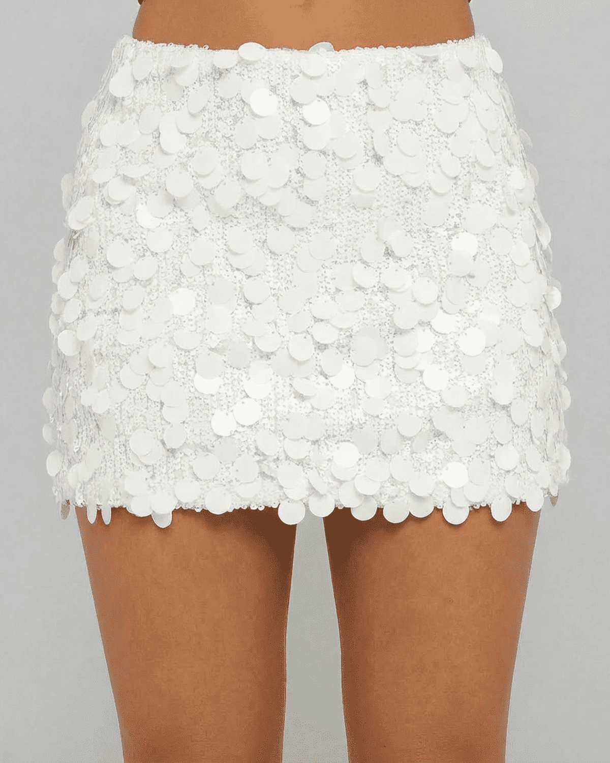 Bianca Mini Skirt by SLIMONA - White Sequin A-Line Bodycon Mini Skirt, perfect for parties and summer events.