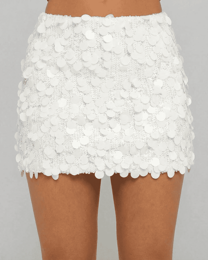 Bianca Mini Skirt by SLIMONA - White Sequin A-Line Bodycon Mini Skirt, perfect for parties and summer events.