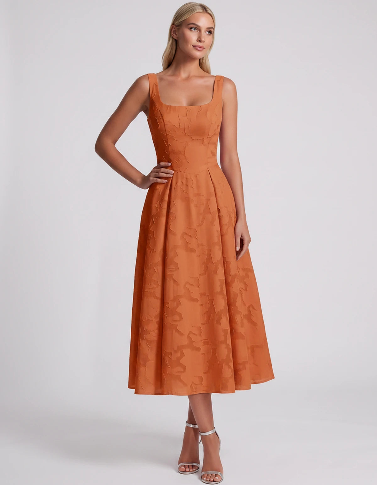 Blanchette Midi Dresses — Orange | SKU: SD-79480-orange-2,SD-79480-orange-4,SD-79480-orange-6,SD-79480-orange-8,SD-79480-orange-10,SD-79480-orange-12,SD-79480-orange-14,SD-79480-orange-16,SD-79480-orange-16W,SD-79480-orange-18W,SD-79480-orange-20W,SD-79480-orange-22W,SD-79480-orange-24W