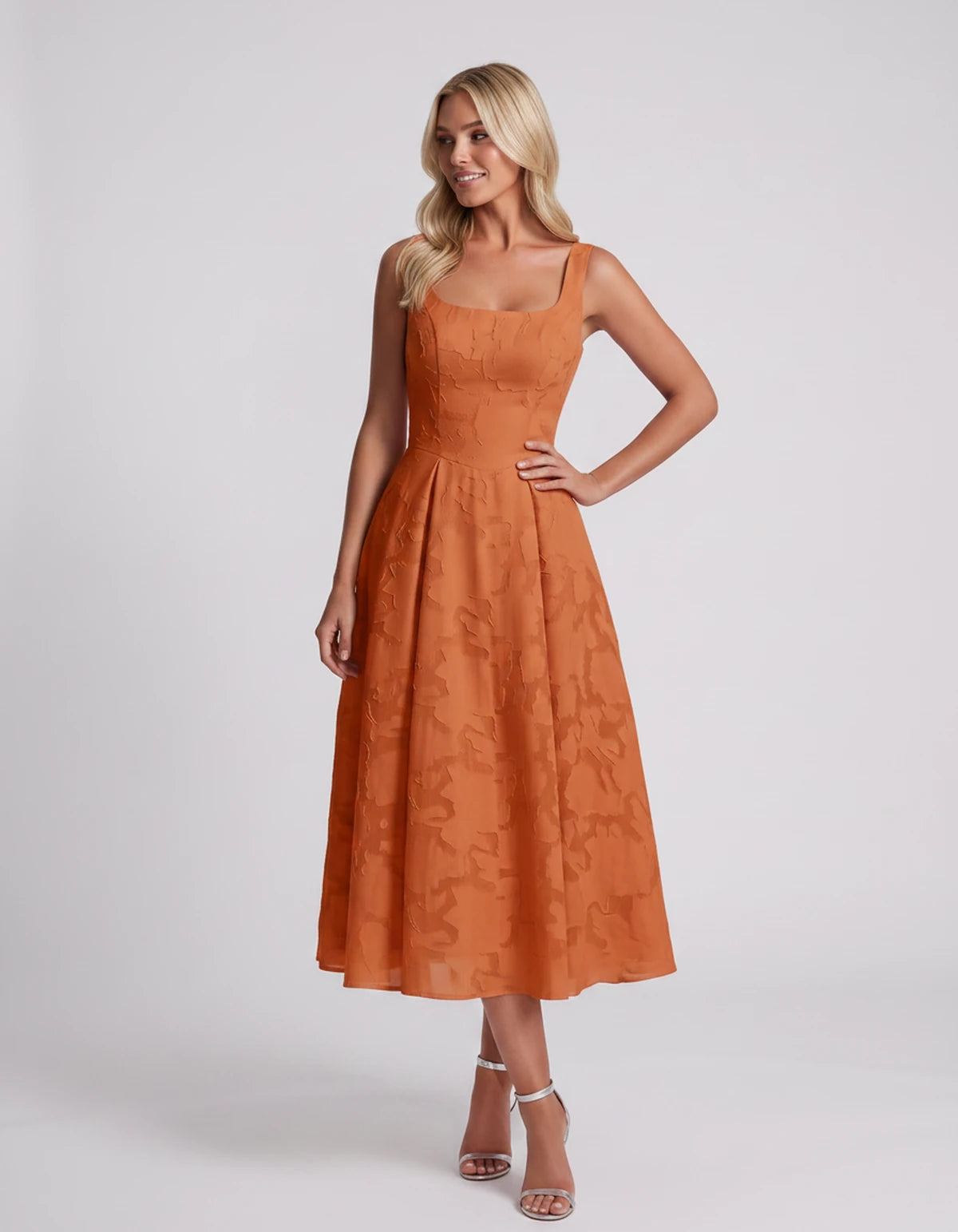 Blanchette Midi Dresses — Orange | SKU: SD-79480-orange-2,SD-79480-orange-4,SD-79480-orange-6,SD-79480-orange-8,SD-79480-orange-10,SD-79480-orange-12,SD-79480-orange-14,SD-79480-orange-16,SD-79480-orange-16W,SD-79480-orange-18W,SD-79480-orange-20W,SD-79480-orange-22W,SD-79480-orange-24W