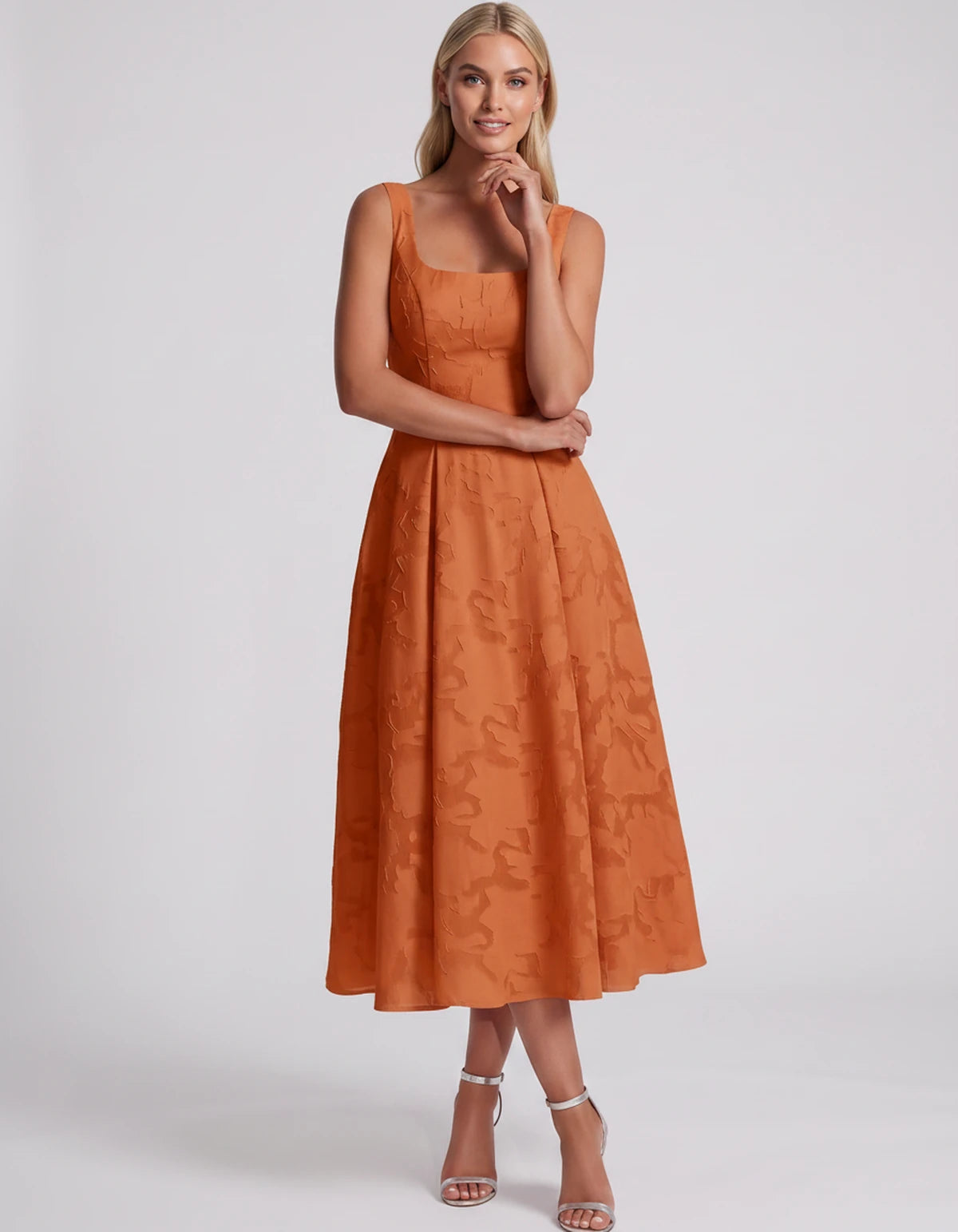 Blanchette Midi Dresses — Orange | SKU: SD-79480-orange-2,SD-79480-orange-4,SD-79480-orange-6,SD-79480-orange-8,SD-79480-orange-10,SD-79480-orange-12,SD-79480-orange-14,SD-79480-orange-16,SD-79480-orange-16W,SD-79480-orange-18W,SD-79480-orange-20W,SD-79480-orange-22W,SD-79480-orange-24W