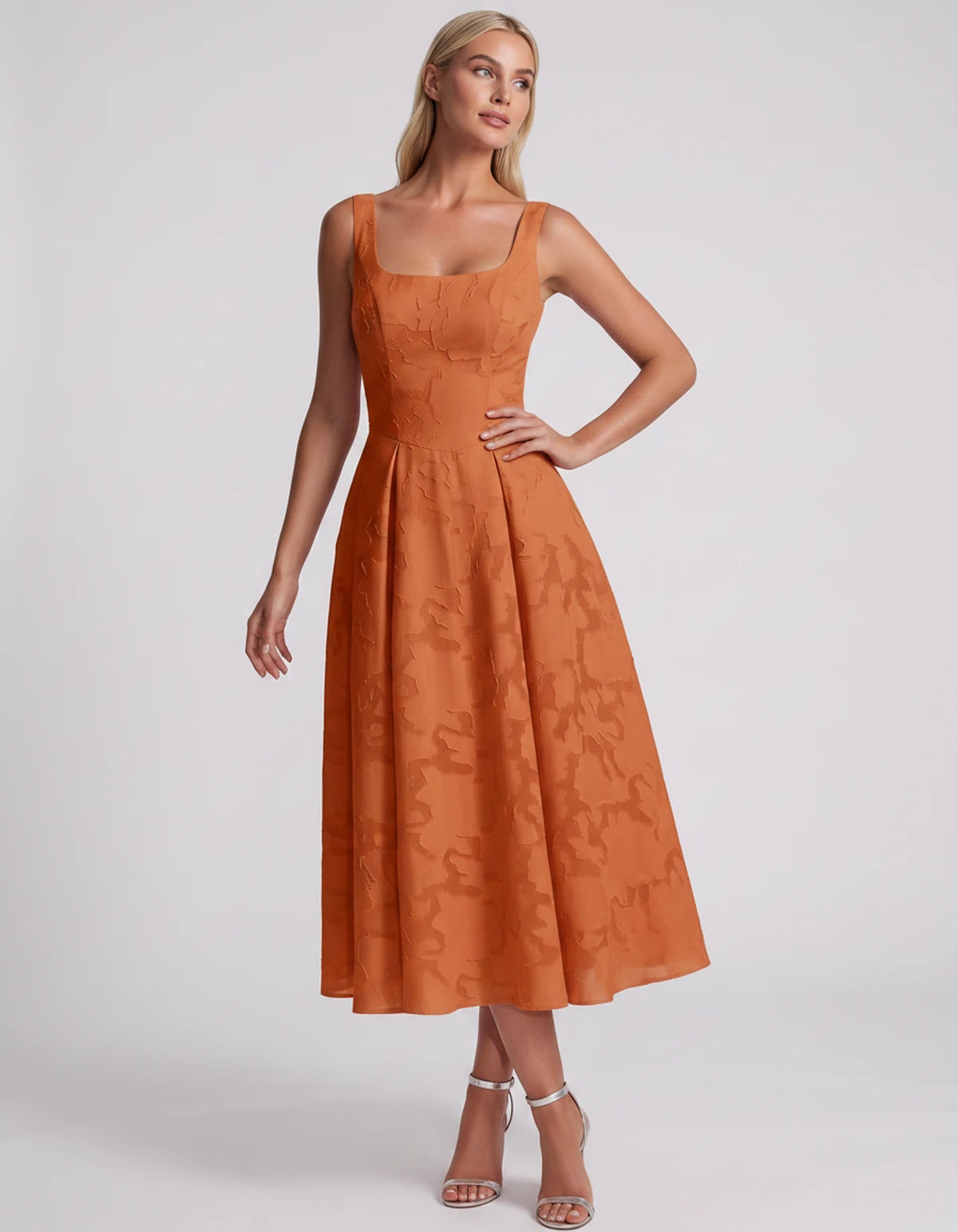 Blanchette Midi Dresses — Orange | SKU: SD-79480-orange-2,SD-79480-orange-4,SD-79480-orange-6,SD-79480-orange-8,SD-79480-orange-10,SD-79480-orange-12,SD-79480-orange-14,SD-79480-orange-16,SD-79480-orange-16W,SD-79480-orange-18W,SD-79480-orange-20W,SD-79480-orange-22W,SD-79480-orange-24W