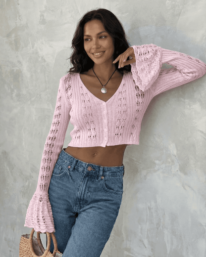 Blossom Cardigan by SLIMONA, pink cropped cotton knit with flare sleeves, perfect for stylish everyday wear.