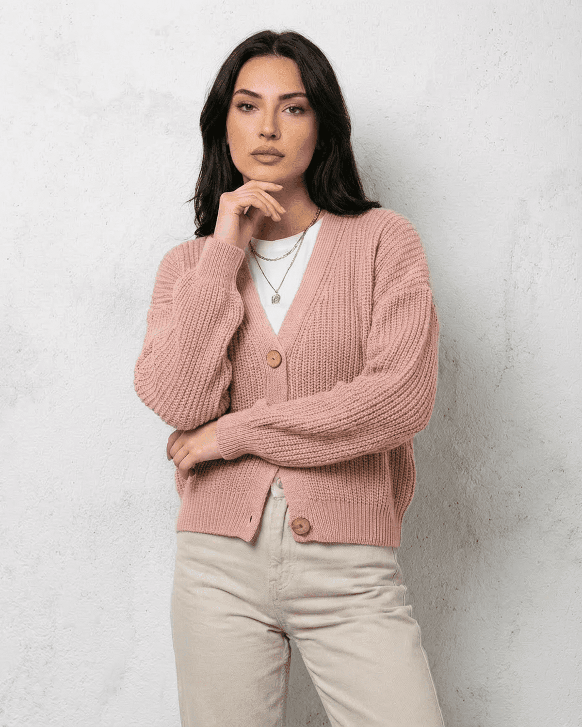 Blush Cardigan by SLIMONA, soft pink knitwear with relaxed V-neck and button detail, perfect for stylish layering.
