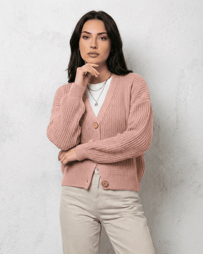 Blush Cardigan by SLIMONA, soft pink knitwear with relaxed V-neck and button detail, perfect for stylish layering.