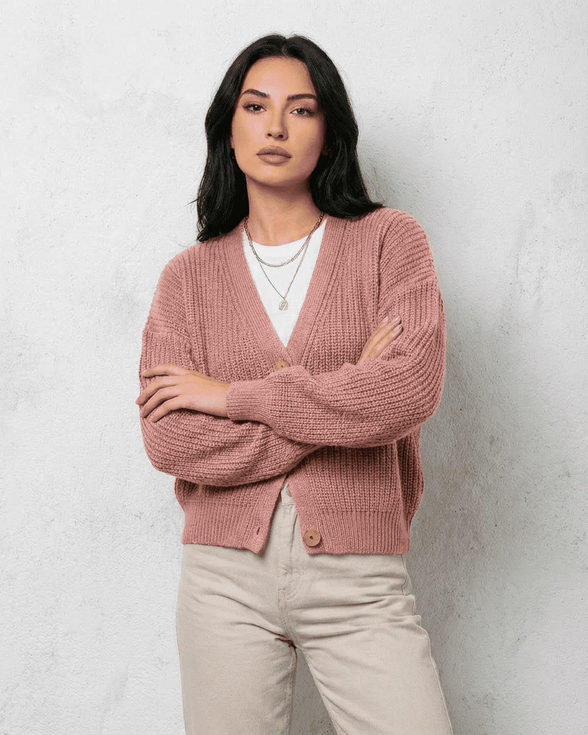 Blush Cardigan by SLIMONA, a soft pink knitwear with relaxed V-neck design for chic and comfortable fall fashion.