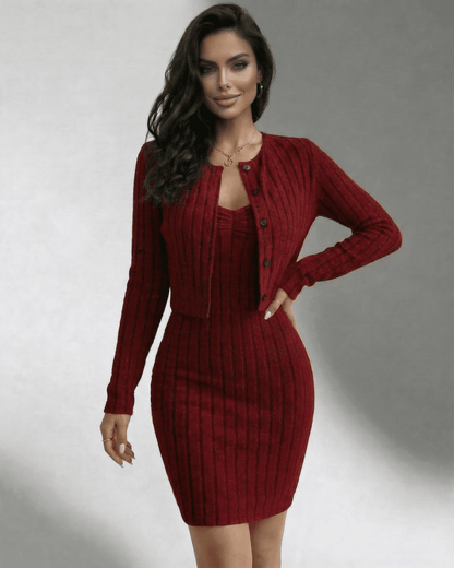 Bordeaux Set by SLIMONA - Ribbed Slim Fit Two-Piece Dress & Cardigan Set for elegant occasions.