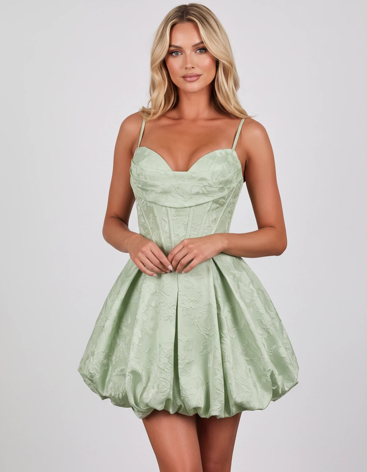 Bruyere Mini Dress — Sage Green | SKU: SD-73502-sagegreen-2,SD-73502-sagegreen-4,SD-73502-sagegreen-6,SD-73502-sagegreen-8,SD-73502-sagegreen-10,SD-73502-sagegreen-12,SD-73502-sagegreen-14,SD-73502-sagegreen-16,SD-73502-sagegreen-16W,SD-73502-sagegreen-18W,SD-73502-sagegreen-20W,SD-73502-sagegreen-22W