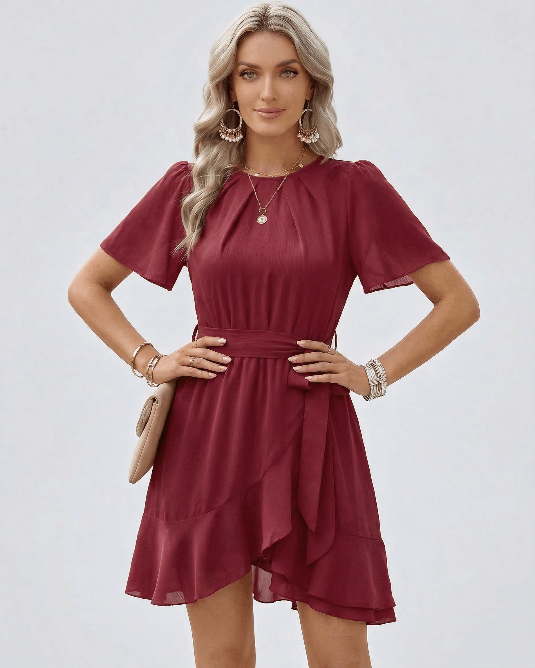 Burgundy Ruffle Dress by Lauven featuring a waist tie, flutter sleeves, and a layered ruffle hem.