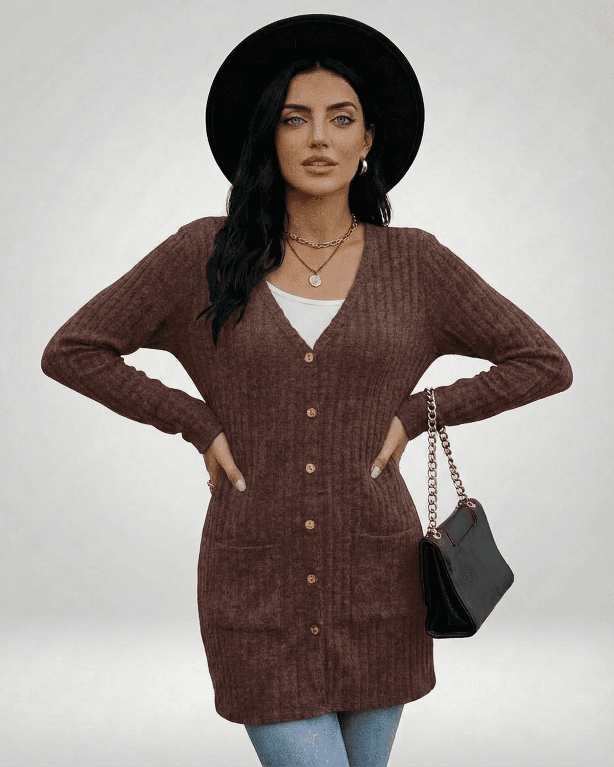 Cairo Cardigan by SLIMONA featuring longline silhouette, button-front design, and textured knit finish.