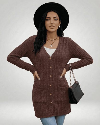 Cairo Cardigan by SLIMONA featuring longline silhouette, button-front design, and textured knit finish.