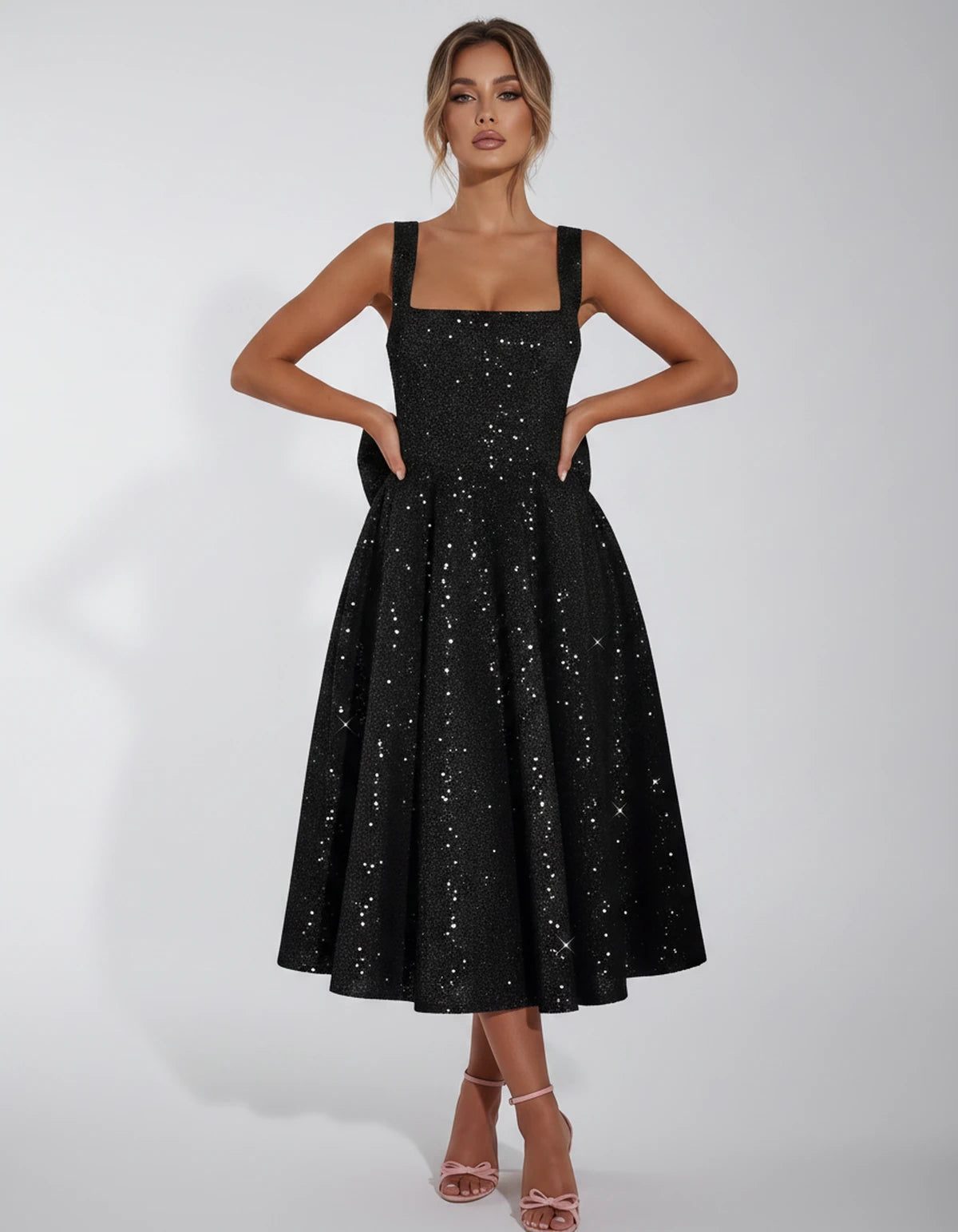 Calanthe Midi Dresses — Black | SKU: SD-45767-black-2,SD-45767-black-4,SD-45767-black-6,SD-45767-black-8,SD-45767-black-10,SD-45767-black-12,SD-45767-black-14,SD-45767-black-16,SD-45767-black-16W,SD-45767-black-18W,SD-45767-black-20W,SD-45767-black-22W,SD-45767-black-24W