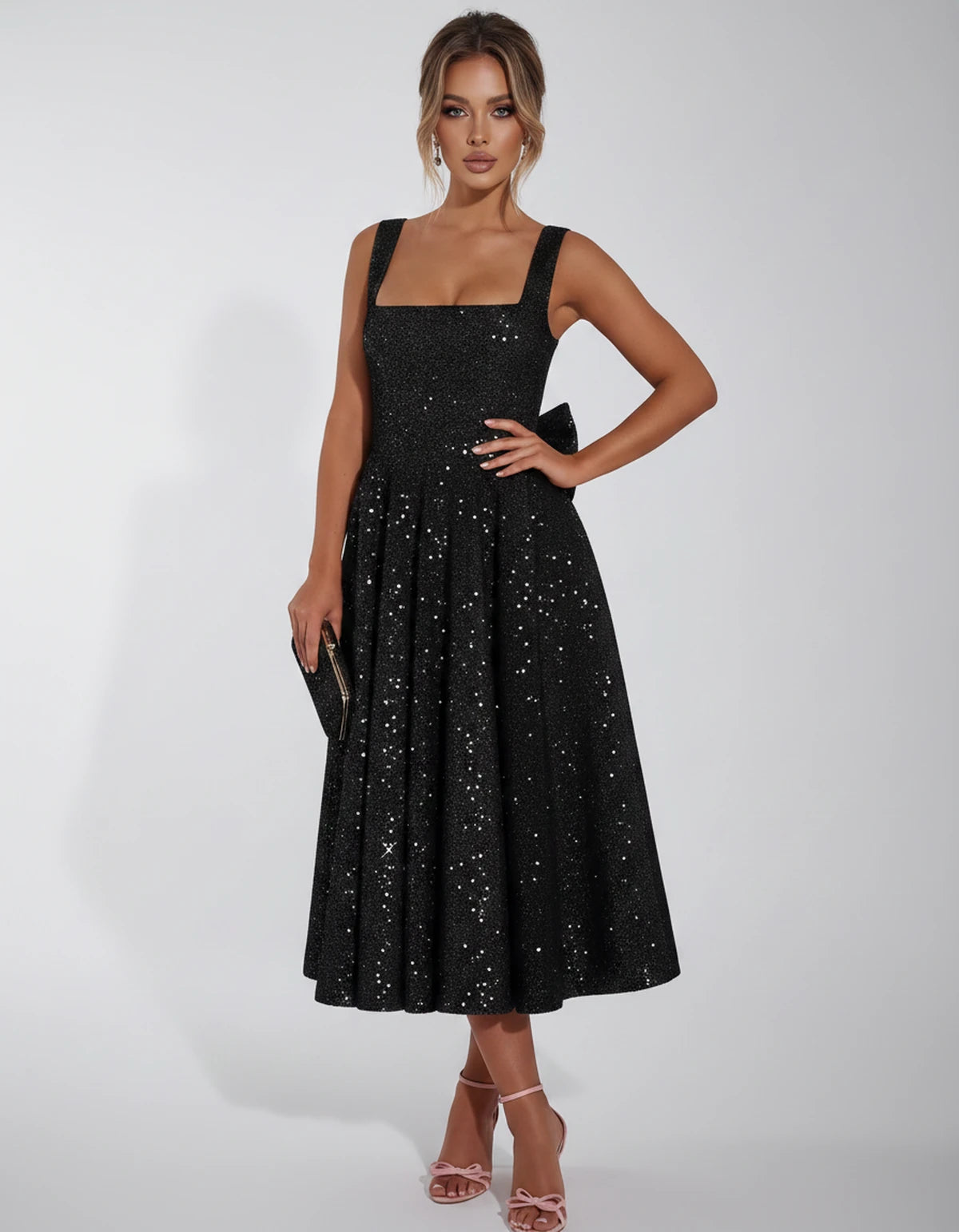 Calanthe Midi Dresses — Black | SKU: SD-45767-black-2,SD-45767-black-4,SD-45767-black-6,SD-45767-black-8,SD-45767-black-10,SD-45767-black-12,SD-45767-black-14,SD-45767-black-16,SD-45767-black-16W,SD-45767-black-18W,SD-45767-black-20W,SD-45767-black-22W,SD-45767-black-24W