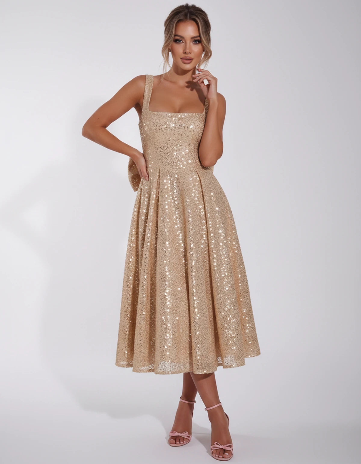 Calanthe Midi Dresses — Champagne | SKU: SD-45767-champagne-2,SD-45767-champagne-4,SD-45767-champagne-6,SD-45767-champagne-8,SD-45767-champagne-10,SD-45767-champagne-12,SD-45767-champagne-14,SD-45767-champagne-16,SD-45767-champagne-16W,SD-45767-champagne-18W,SD-45767-champagne-20W,SD-45767-champagne-22W,SD-45767-champagne-24W