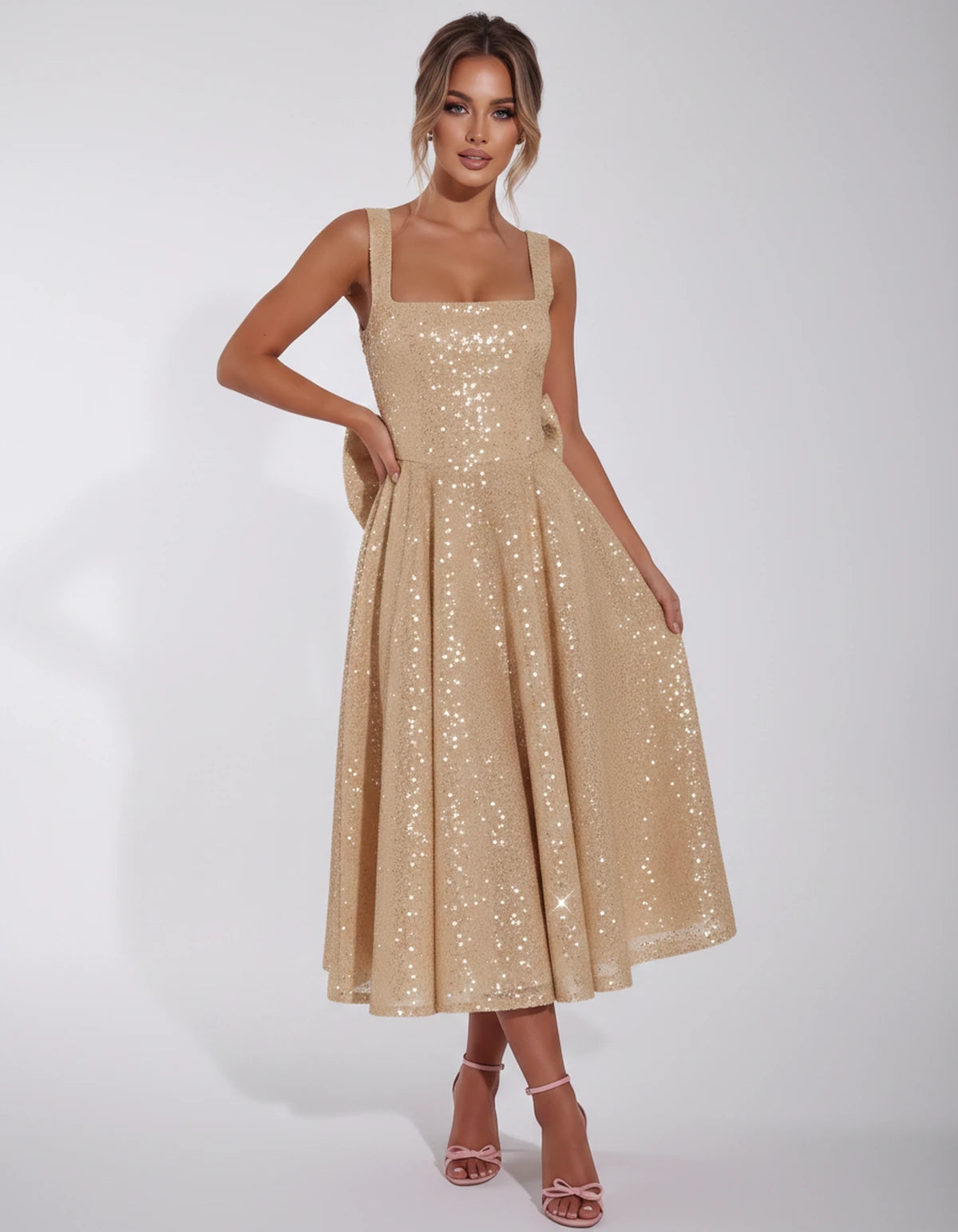 Calanthe Midi Dresses — Champagne Gold | SKU: SD-45767-champagnegold-2,SD-45767-champagnegold-4,SD-45767-champagnegold-6,SD-45767-champagnegold-8,SD-45767-champagnegold-10,SD-45767-champagnegold-12,SD-45767-champagnegold-14,SD-45767-champagnegold-16,SD-45767-champagnegold-16W,SD-45767-champagnegold-18W,SD-45767-champagnegold-20W,SD-45767-champagnegold-22W,SD-45767-champagnegold-24W