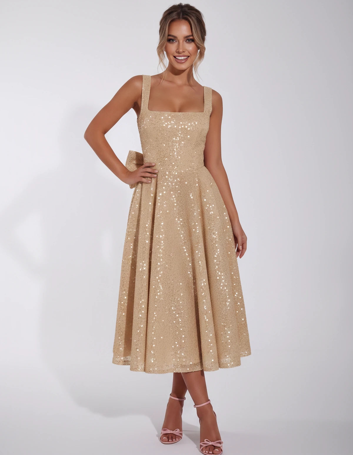 Calanthe Midi Dresses — Champagne Gold | SKU: SD-45767-champagnegold-2,SD-45767-champagnegold-4,SD-45767-champagnegold-6,SD-45767-champagnegold-8,SD-45767-champagnegold-10,SD-45767-champagnegold-12,SD-45767-champagnegold-14,SD-45767-champagnegold-16,SD-45767-champagnegold-16W,SD-45767-champagnegold-18W,SD-45767-champagnegold-20W,SD-45767-champagnegold-22W,SD-45767-champagnegold-24W