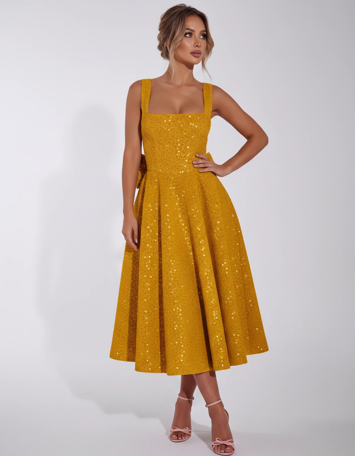Calanthe Midi Dresses — Gold | SKU: SD-45767-gold-2,SD-45767-gold-4,SD-45767-gold-6,SD-45767-gold-8,SD-45767-gold-10,SD-45767-gold-12,SD-45767-gold-14,SD-45767-gold-16,SD-45767-gold-16W,SD-45767-gold-18W,SD-45767-gold-20W,SD-45767-gold-22W,SD-45767-gold-24W
