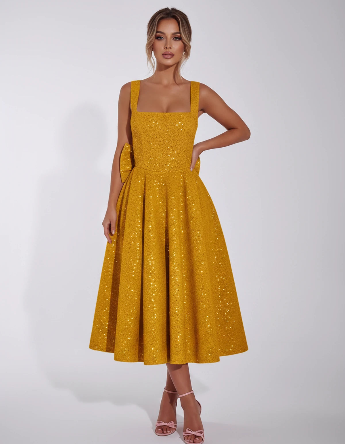 Calanthe Midi Dresses — Gold | SKU: SD-45767-gold-2,SD-45767-gold-4,SD-45767-gold-6,SD-45767-gold-8,SD-45767-gold-10,SD-45767-gold-12,SD-45767-gold-14,SD-45767-gold-16,SD-45767-gold-16W,SD-45767-gold-18W,SD-45767-gold-20W,SD-45767-gold-22W,SD-45767-gold-24W