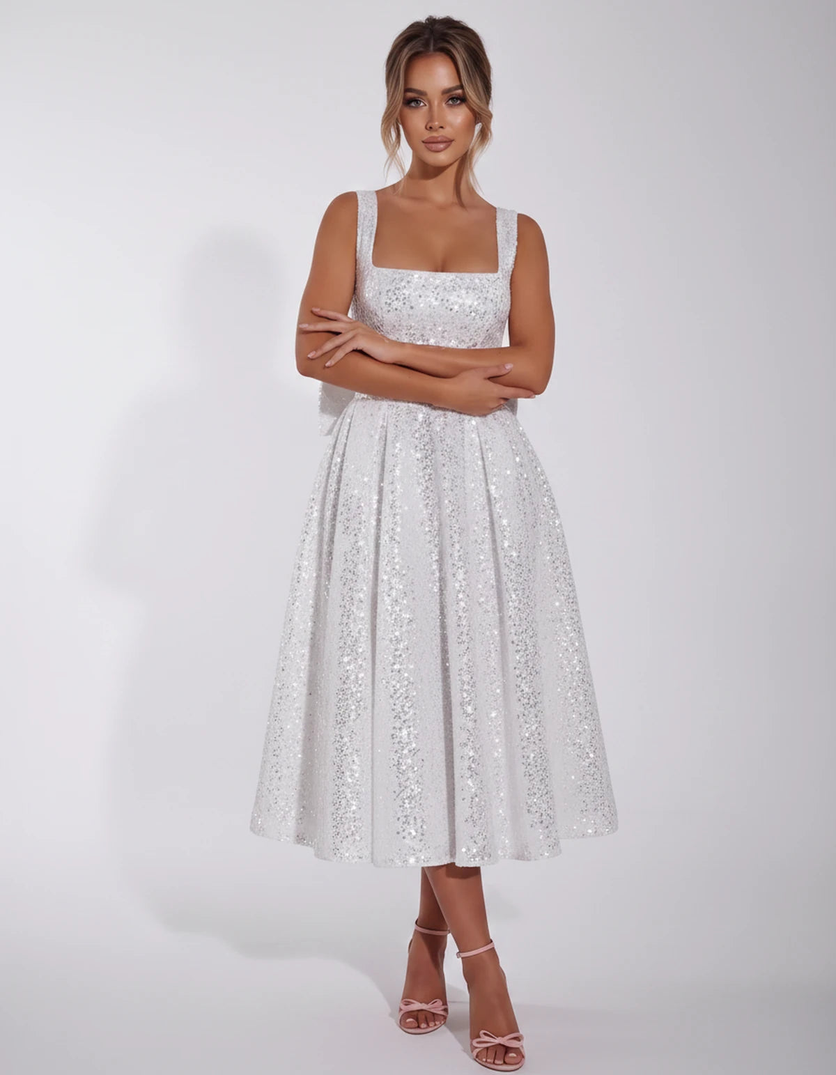 Calanthe Midi Dresses — Silver | SKU: SD-45767-silver-2,SD-45767-silver-4,SD-45767-silver-6,SD-45767-silver-8,SD-45767-silver-10,SD-45767-silver-12,SD-45767-silver-14,SD-45767-silver-16,SD-45767-silver-16W,SD-45767-silver-18W,SD-45767-silver-20W,SD-45767-silver-22W,SD-45767-silver-24W