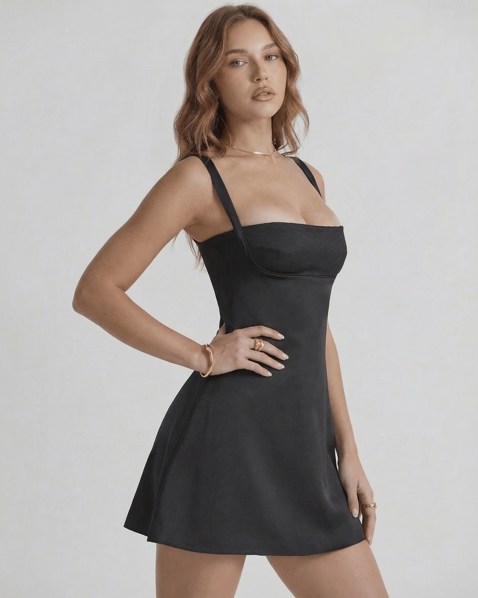 Cannes Mini Dress by Lauven, showcasing a sleek A-Line silhouette with structured bust in elegant black.