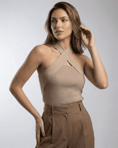 Capri Top by SLIMONA, ribbed halter knit top showcasing elegant minimal design and refined silhouette.