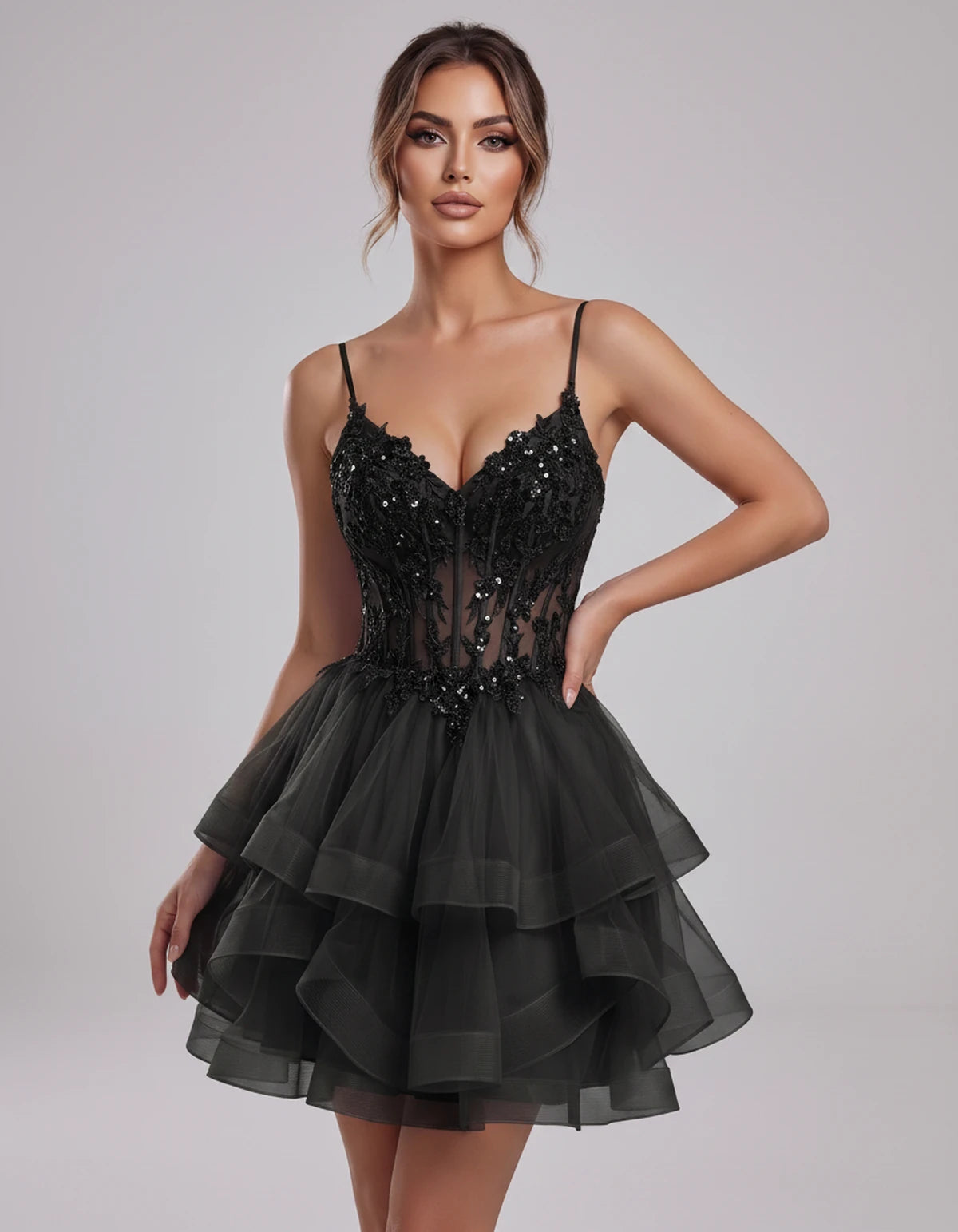 Carmela Mini Dress — Black | SKU: SD-66563-black-2,SD-66563-black-4,SD-66563-black-6,SD-66563-black-8,SD-66563-black-10,SD-66563-black-12,SD-66563-black-14,SD-66563-black-14W,SD-66563-black-16,SD-66563-black-16W,SD-66563-black-18W,SD-66563-black-20W,SD-66563-black-22W,SD-66563-black-24W
