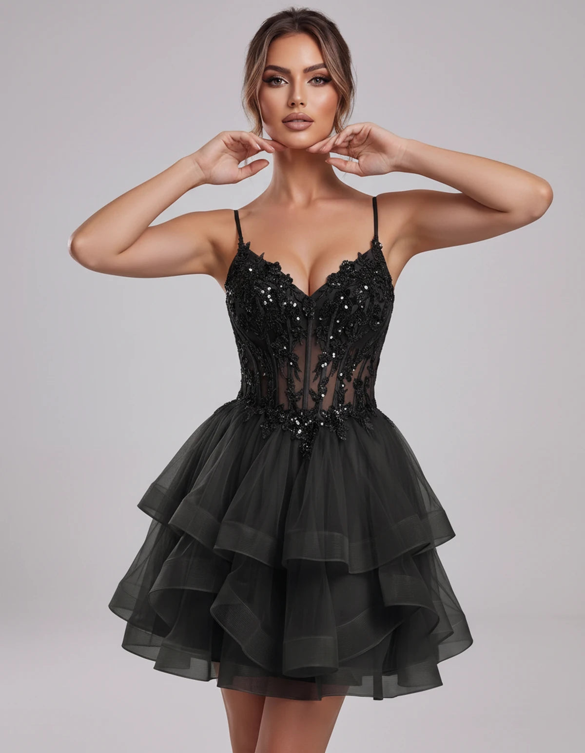 Carmela Mini Dress — Black | SKU: SD-66563-black-2,SD-66563-black-4,SD-66563-black-6,SD-66563-black-8,SD-66563-black-10,SD-66563-black-12,SD-66563-black-14,SD-66563-black-14W,SD-66563-black-16,SD-66563-black-16W,SD-66563-black-18W,SD-66563-black-20W,SD-66563-black-22W,SD-66563-black-24W