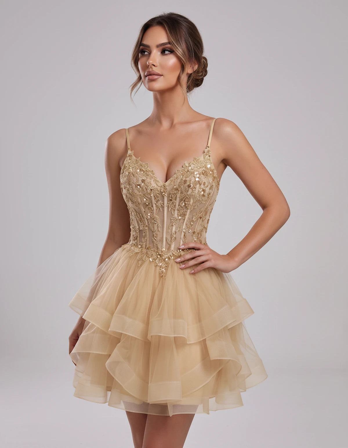 Carmela Mini Dress — Champagne | SKU: SD-66563-champagne-2,SD-66563-champagne-4,SD-66563-champagne-6,SD-66563-champagne-8,SD-66563-champagne-10,SD-66563-champagne-12,SD-66563-champagne-14,SD-66563-champagne-14W,SD-66563-champagne-16,SD-66563-champagne-16W,SD-66563-champagne-18W,SD-66563-champagne-20W,SD-66563-champagne-22W,SD-66563-champagne-24W