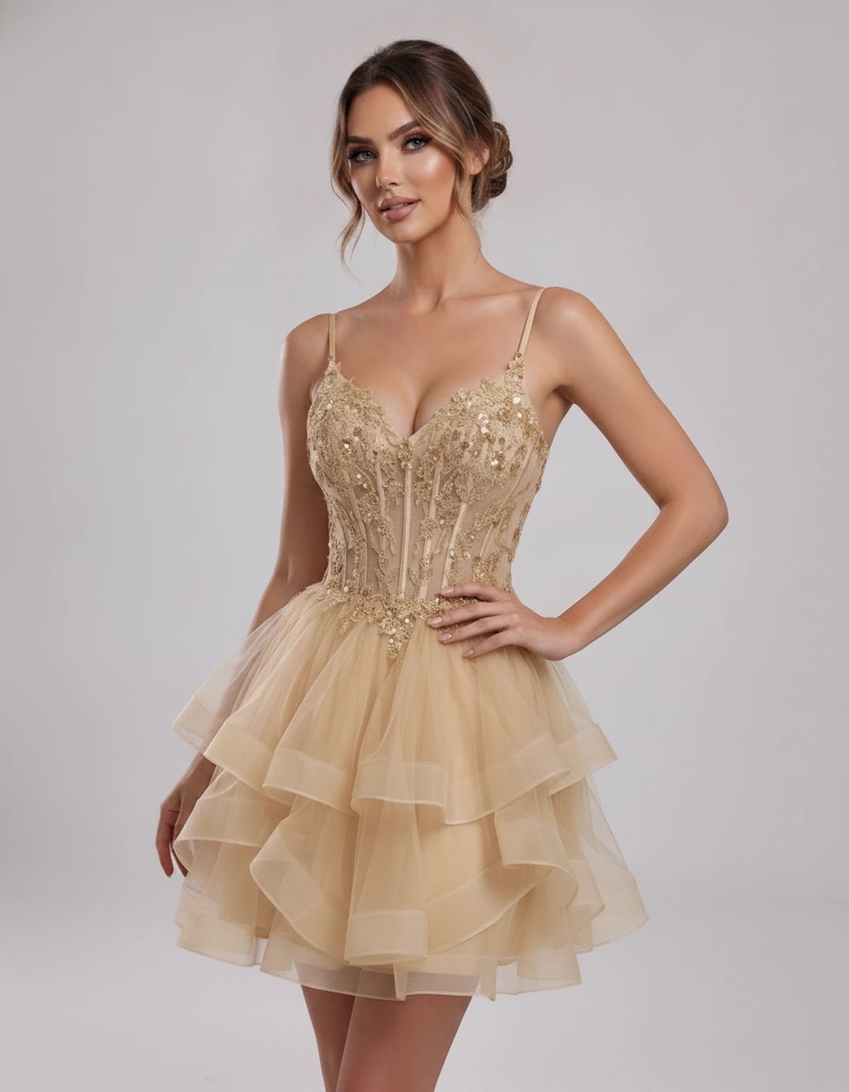 Carmela Mini Dress — Champagne | SKU: SD-66563-champagne-2,SD-66563-champagne-4,SD-66563-champagne-6,SD-66563-champagne-8,SD-66563-champagne-10,SD-66563-champagne-12,SD-66563-champagne-14,SD-66563-champagne-14W,SD-66563-champagne-16,SD-66563-champagne-16W,SD-66563-champagne-18W,SD-66563-champagne-20W,SD-66563-champagne-22W,SD-66563-champagne-24W