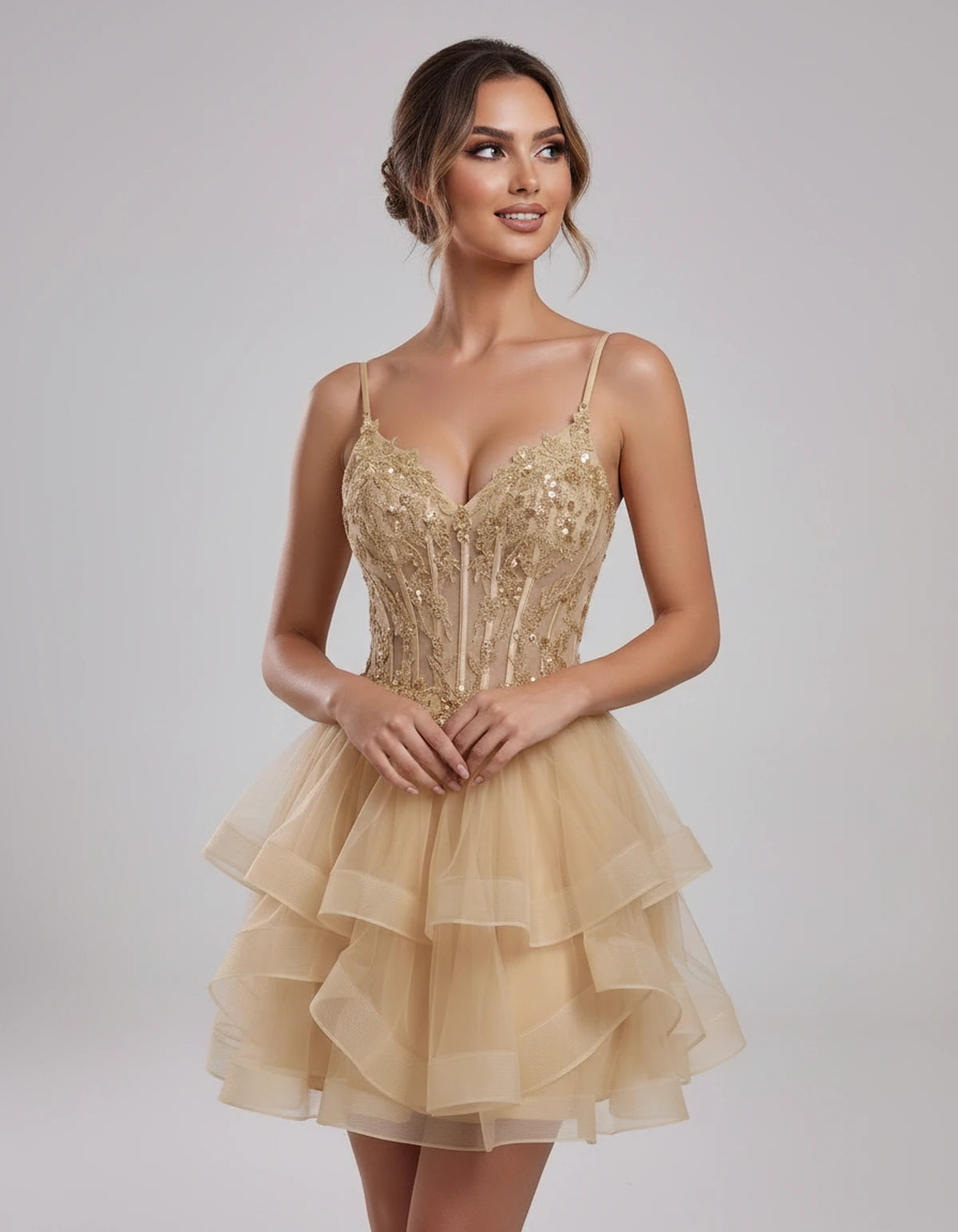 Carmela Mini Dress — Champagne | SKU: SD-66563-champagne-2,SD-66563-champagne-4,SD-66563-champagne-6,SD-66563-champagne-8,SD-66563-champagne-10,SD-66563-champagne-12,SD-66563-champagne-14,SD-66563-champagne-14W,SD-66563-champagne-16,SD-66563-champagne-16W,SD-66563-champagne-18W,SD-66563-champagne-20W,SD-66563-champagne-22W,SD-66563-champagne-24W