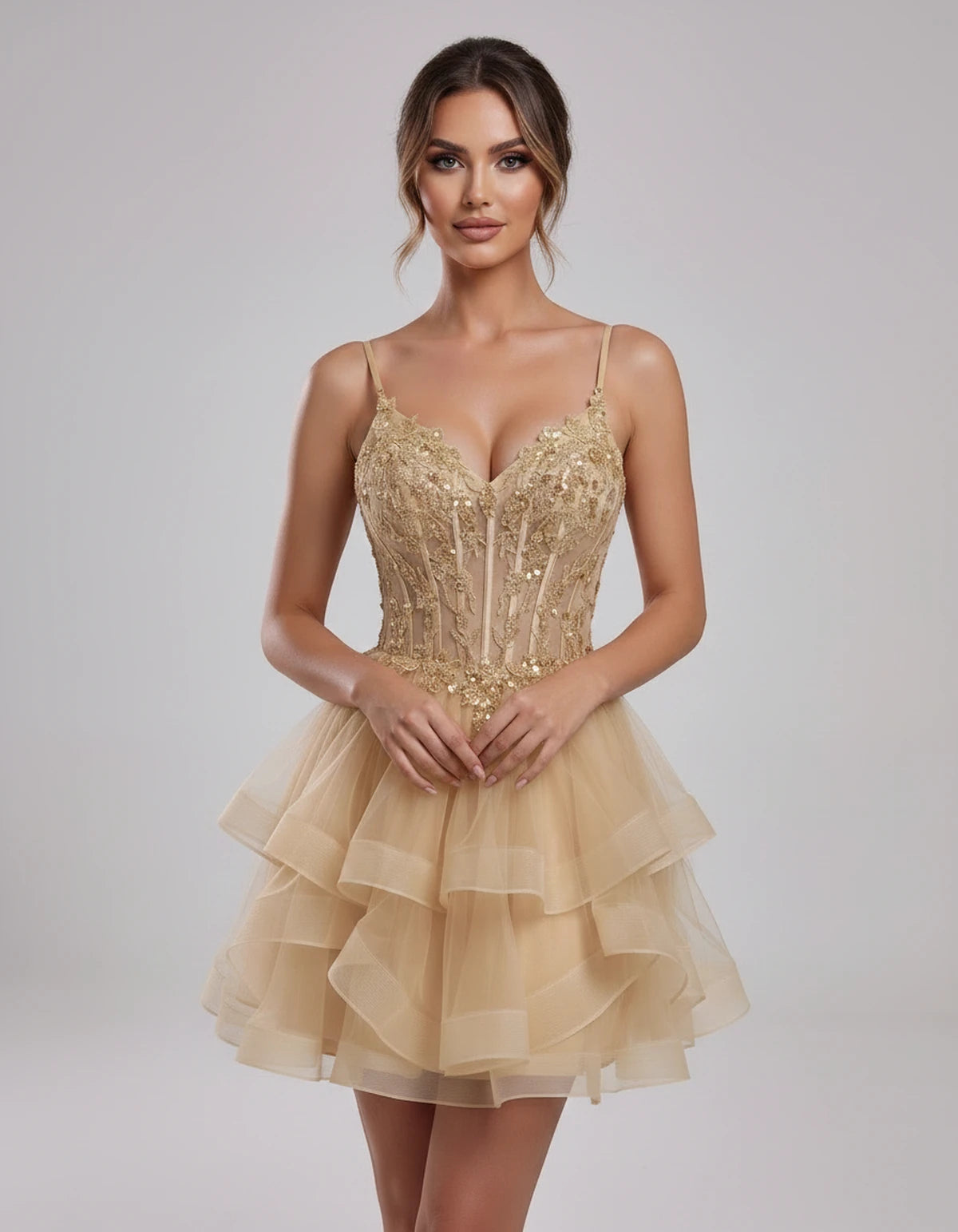 Carmela Mini Dress — Champagne | SKU: SD-66563-champagne-2,SD-66563-champagne-4,SD-66563-champagne-6,SD-66563-champagne-8,SD-66563-champagne-10,SD-66563-champagne-12,SD-66563-champagne-14,SD-66563-champagne-14W,SD-66563-champagne-16,SD-66563-champagne-16W,SD-66563-champagne-18W,SD-66563-champagne-20W,SD-66563-champagne-22W,SD-66563-champagne-24W